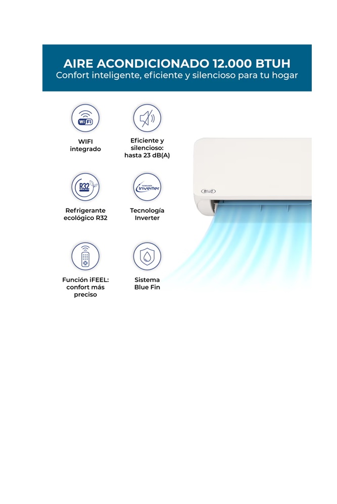ANWO EQUIPO AIRE ACONDICIONADO SPLIT MURO ECOFLOW 12.000 BTUH INVERTER R32