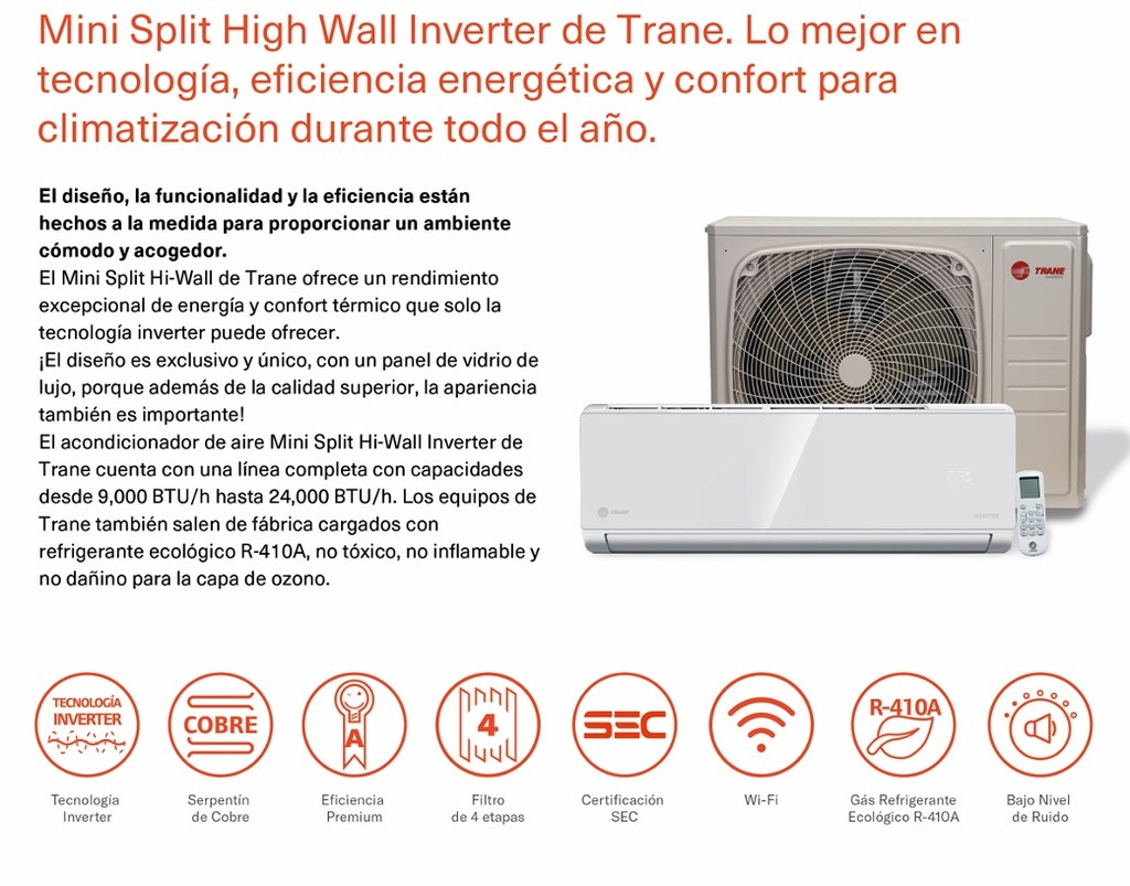 Aire Acondicionado Trane Panel Glass 24000 BTU/H