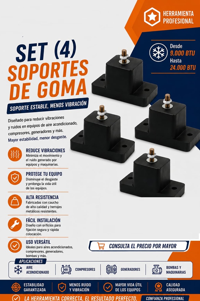Base Soporte Piso Goma Antivibración PACK 4 PCS