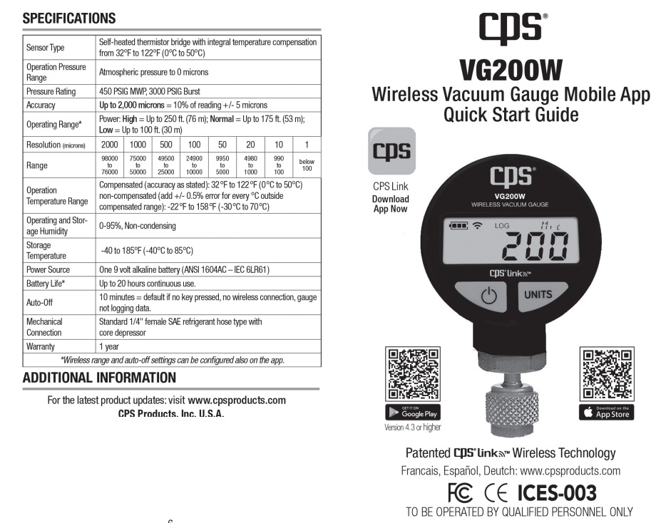 VACUOMETRO DIGITAL WIRELES VG200W CPS (negro)
