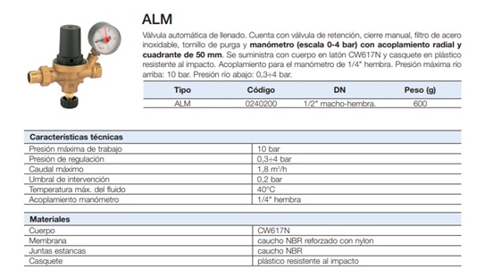Valvula Alimat 1/2" con manometro Intermes