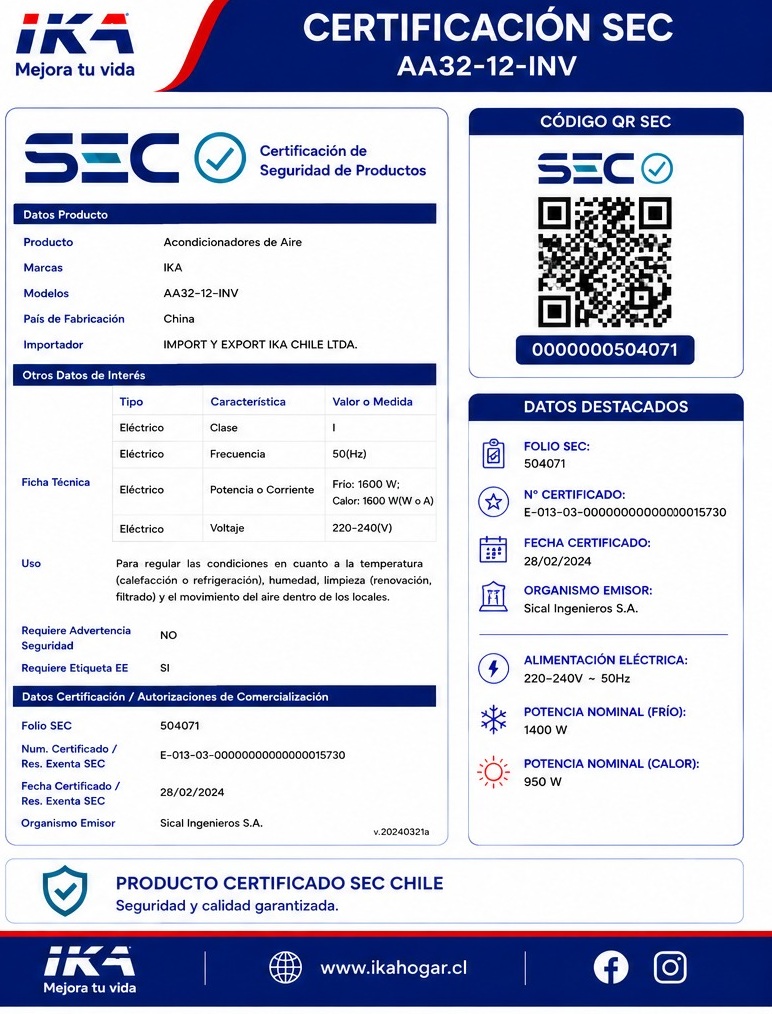 Aire Acondicionado Inverter IKA split muro 12000 BTU R32