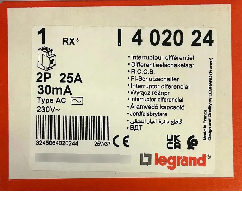 Interruptor Diferencial Legrand 2p 25a 30ma Rx3
