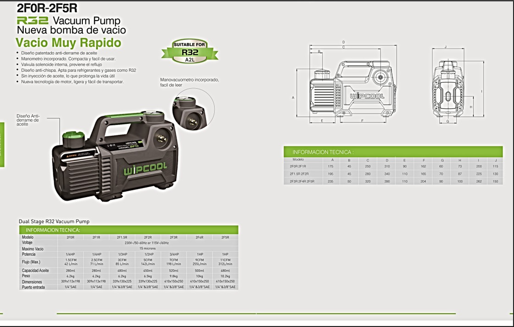 BOMBA DE VACIO 7CFM WIPCOOL 2 ETAPAS. INCL MANOMETRO